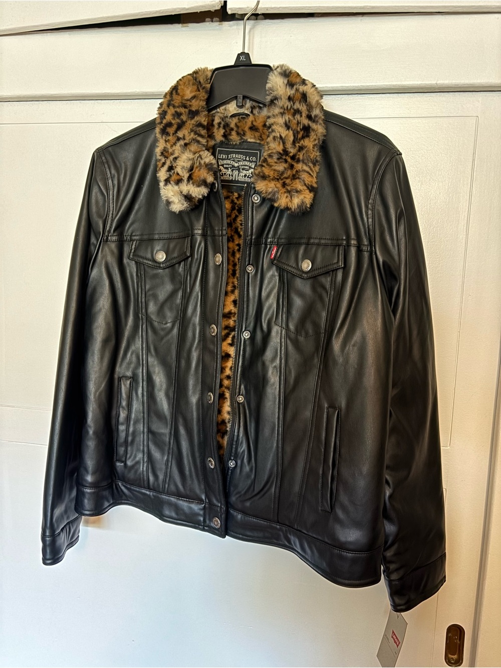 Women's Black Faux Leather Bomber Jacket with Faux Fur Collar